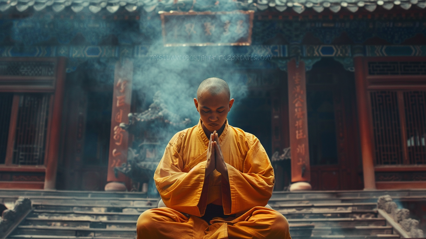 Moine shaolin en méditation, assis en position du lotus, vêtu de sa robe traditionnelle orange, dans un cadre naturel et apaisant