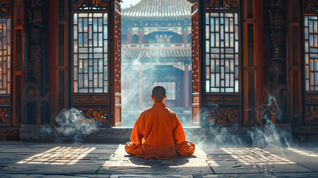 Moine shaolin méditant tranquillement dans un cadre paisible, vêtu de la traditionnelle robe orange, assis en position de lotus.