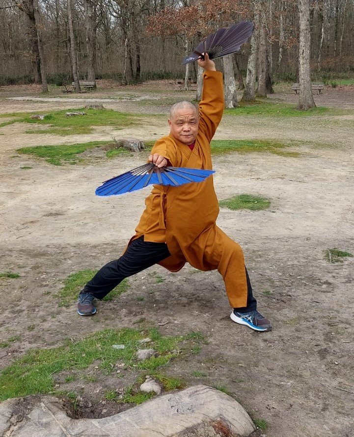 Moine Shaolin pratiquant le Tai Chi en plein air dans un parc de Toulouse, vêtu de sa robe orange traditionnelle, entouré de verdure naturelle.